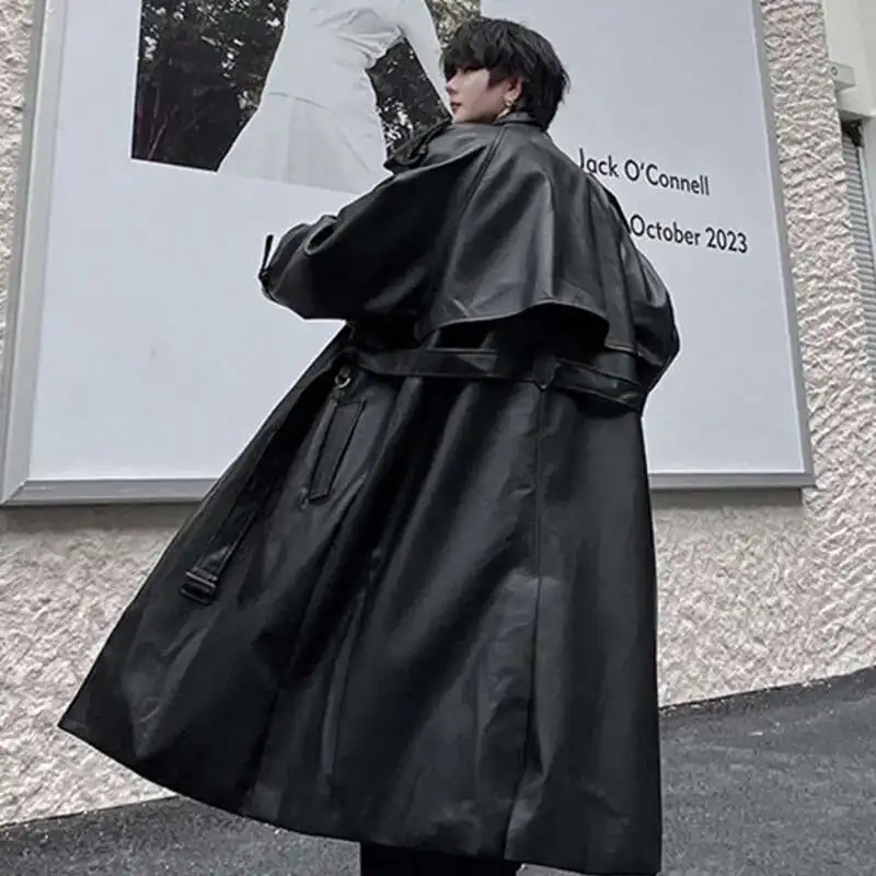 IEFB 남성용 롱 코트, 중간 길이 가죽 트렌치, 사파리 스타일, 니치 디자인, 프리미엄 스트리트웨어 트렌드, 남성 PU 바람막이, 9C2027