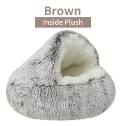 Cozy Plush Winter Cat Bed - 2-in-1 Warm Nest and Sleep Bag - 60x60cm (Brown Long Plush)