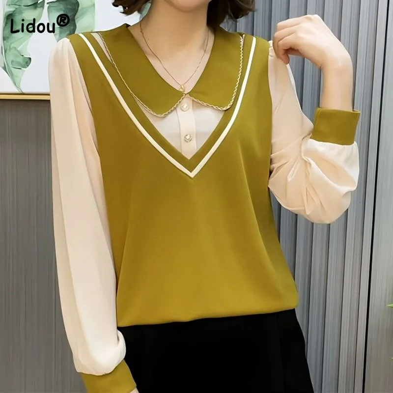 

Commute Casual Long Sleeve Fake Two Pieces Tops Simplicity Peter Pan Collar Fashion Solid Color Spliced T-shirt Women's Clothing