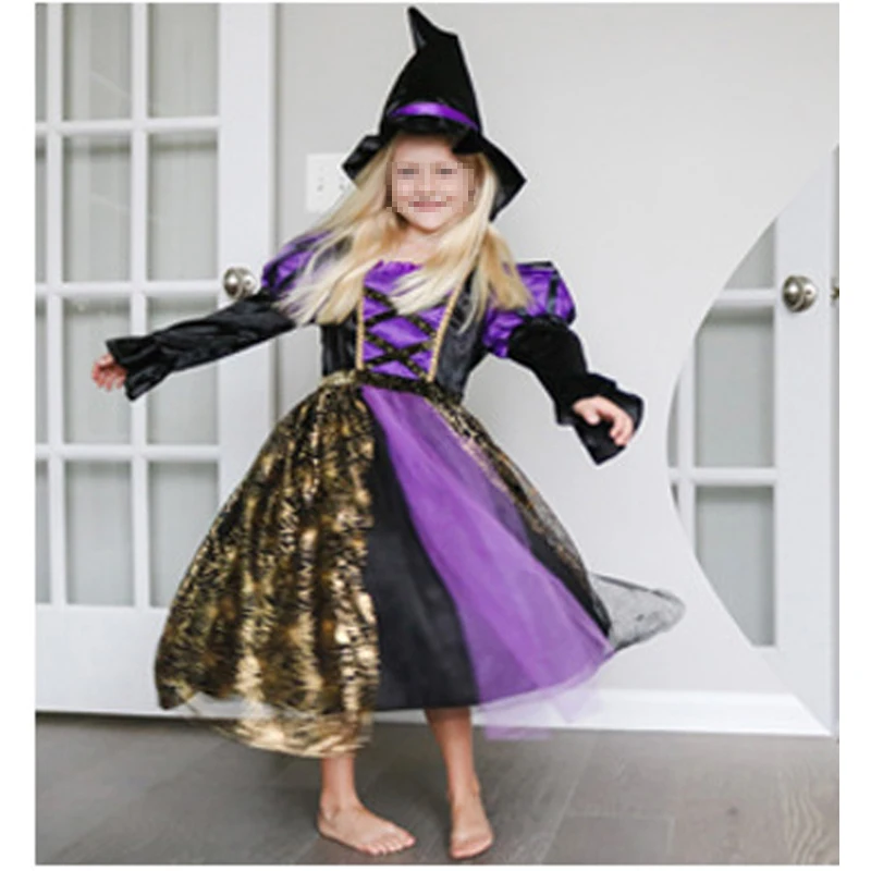 2022 Enfants Déguisement Sorcière Costume Pour Filles Halloween Tutu Robe  de genou avec chapeau Balai Pantyhose Carnaval Cosplay Party Outfit Set