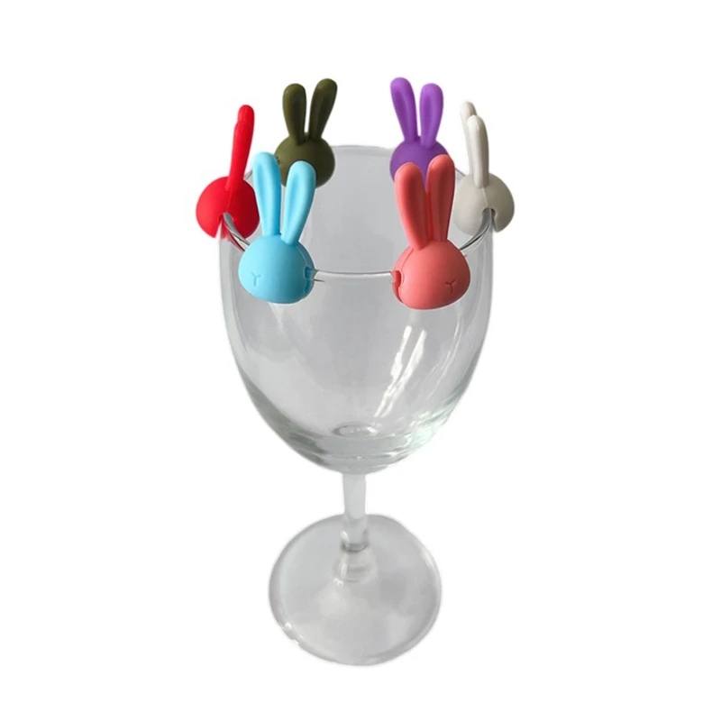 Wine Glass Marker 6Pcs Creative 3D Rabbit Ears Silicone Drink Charms Wine Identifier for Champagne Cocktails
