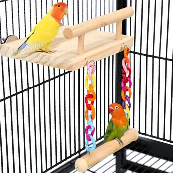 Bird Perches & Cage Toys - Wooden Play Gym with Swing, Wheel for Parrots, Lovebirds, Chinchillas, Hamsters, Budgies 1