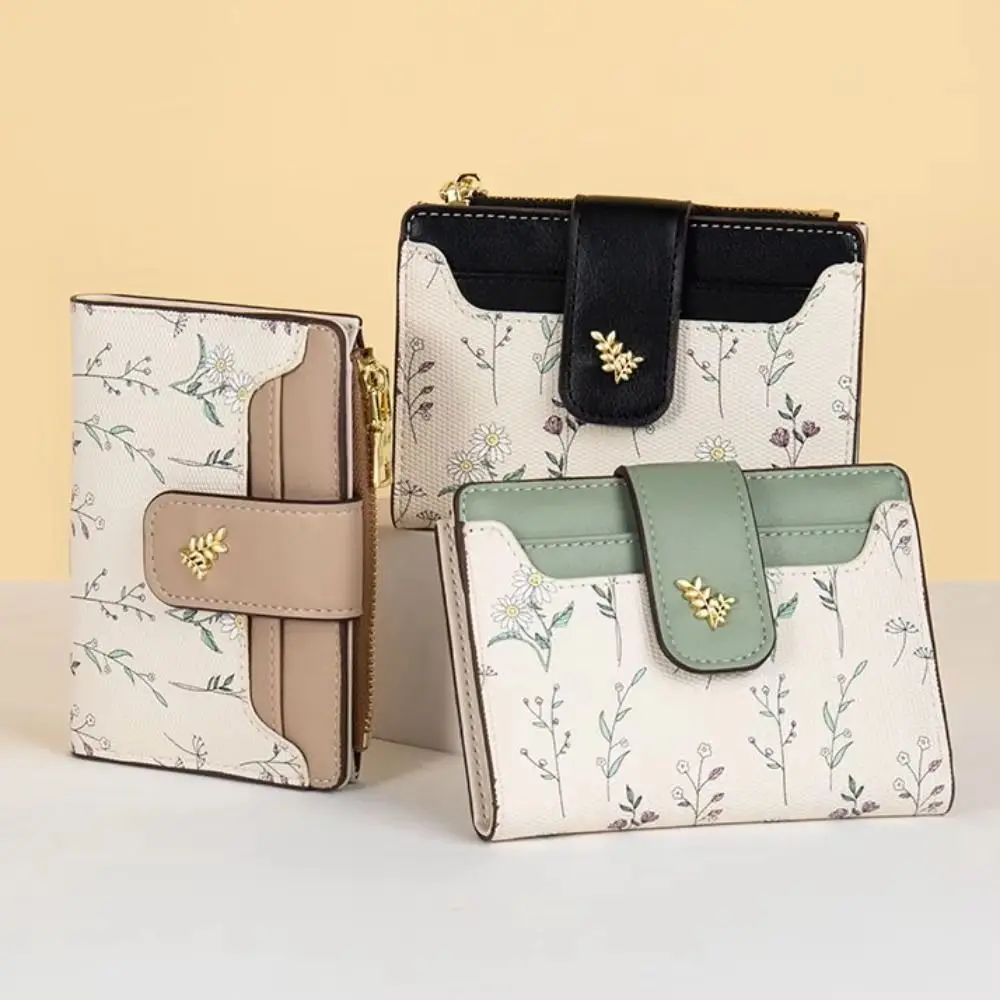 Slim PU Leather Short Wallet INS Multi-Cards Zipper Coin Purse Hasp Small Flowers Card Bag Wallet Zipper Hasp For Women Girl 1