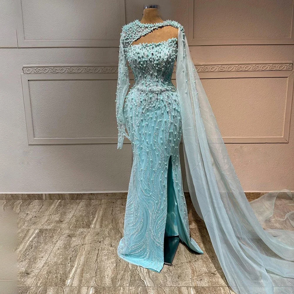 Vestidos sirena de un solo hombro con abertura Azul Tallas Grandes