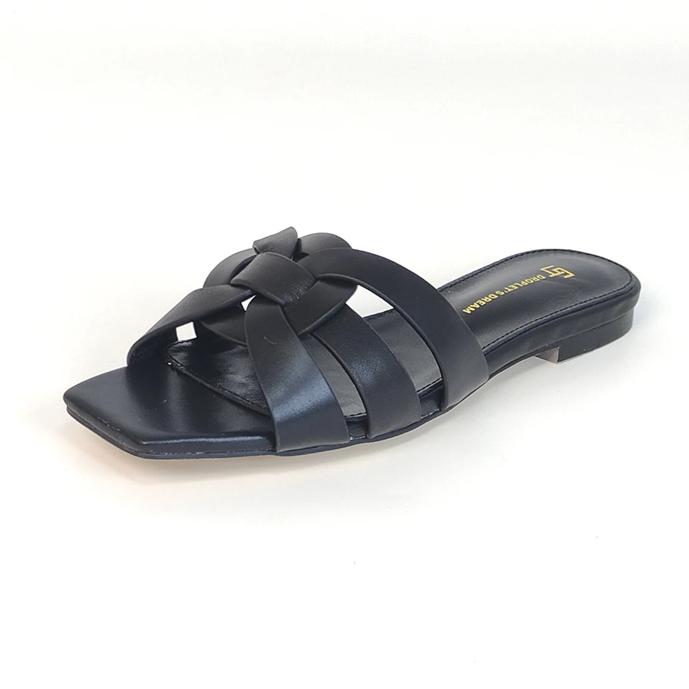 Quality Women's Slippers Tendency Luxury Designer Leather Falt Heel Casual Slippers Slides Ladies Office Sandals Black Shoes 44
