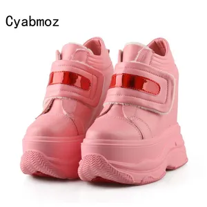 Women Pink Sneakers Genuine Leather Invisibly Height Increasing 14CM High Heels Wedges Pumps Platform Lady Sheepskin Casual shoe