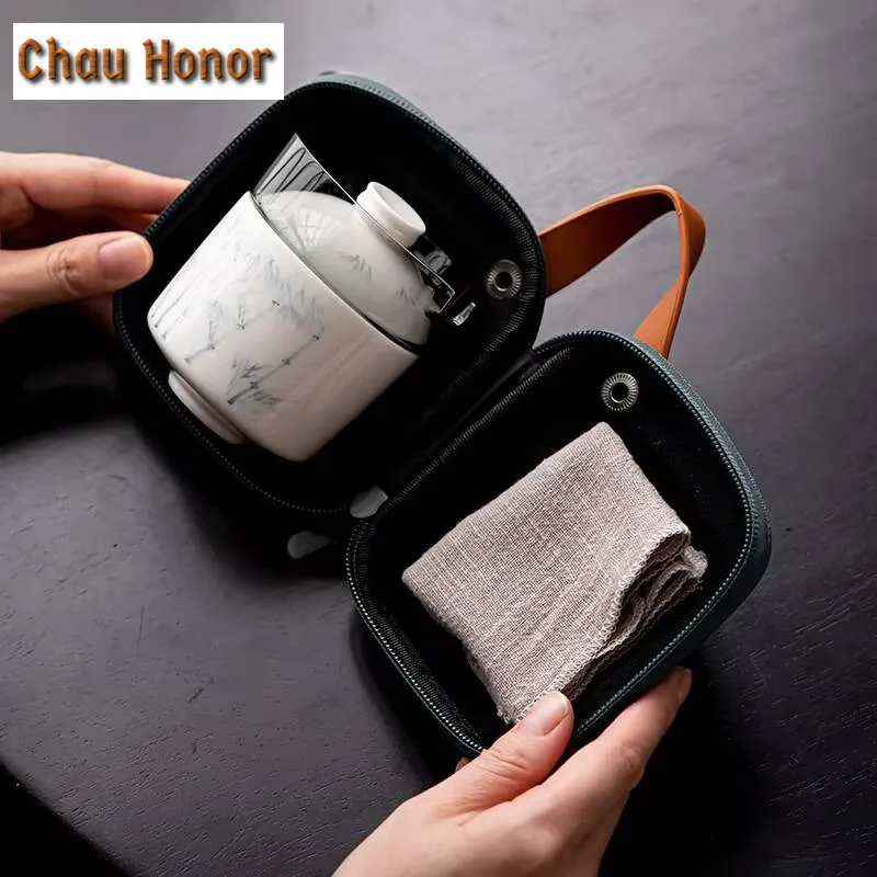 Handdrawn Bamboo Porcelain Tea Set Kit Japanese Tea Tools Set 1 Pot 2 Cups Tea Maker Camping Travel Tea Set Stock Bags Cha Gift