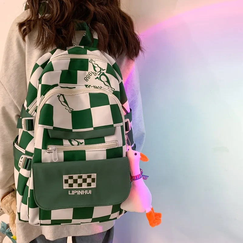 

New Arrival Ins Style Green Grid Backpack, Unisex Casual Travel Outdoor School Bag for Men and Women