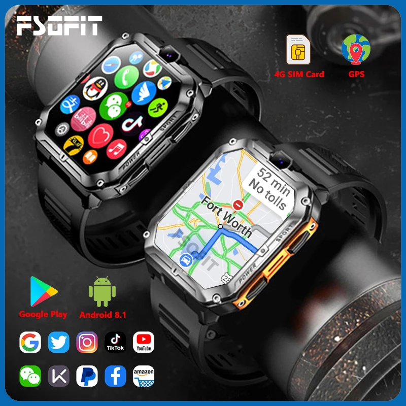 듀얼 카메라 스마트 워치, 견고한 1.96 인치, GPS, 와이파이, NFC, 구글 플레이, IP67, 심박수, 피트니스, 안드로이드 스마트워치, 4G SIM 카드