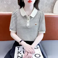 Polo Neck T Shirt for Women Striped Summer Outfit Baggy 90s Vintage Japanese Fashion Clothes Women's Clothing 2025 Woman Tshirt - Image 4