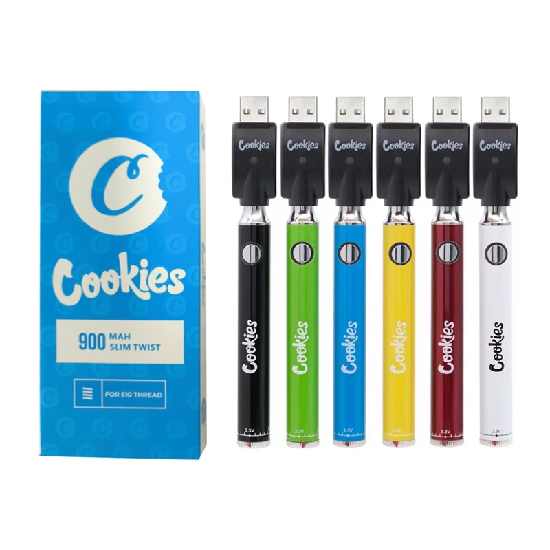 10-30pcs-cookies-900mah-slim-twist-battery-vape-pen-preheat-vv-batteries-33-48v-for-evod-510-thread-cbd-cartridge