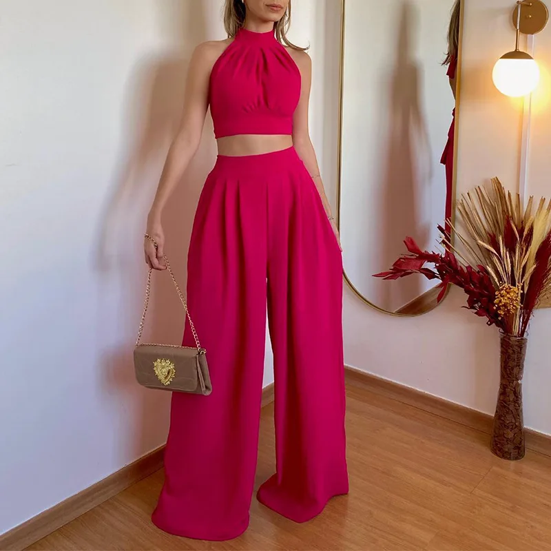

2023 Fashion Casual Slimming Set Hanging Neck Slim Fit Temperament Wrapping Chest Folding High Waist Pants Two Piece Set