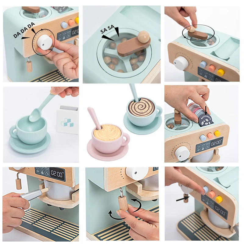 Educational Toys Macaron Cute Simulated Coffee Machine Wooden Kitchen Games Children Montessori Educational Indoor Diy Toys For Boys Girls gift