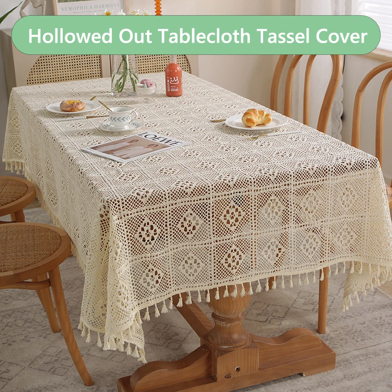 

European Pastoral Crochet Table Cloth Hollowed Out Woven Tablecloth Tassel Cover Tea Table Cover Dust-proof Table Decoration