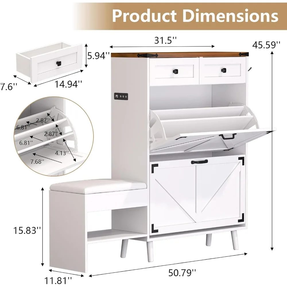 Shoe Cabinet with Bench, Deodorizing Shoe Storage Cabinet with 2 Flip Drawers and 2 Sliding Drawers, Free Standing Narrow Farmho 3