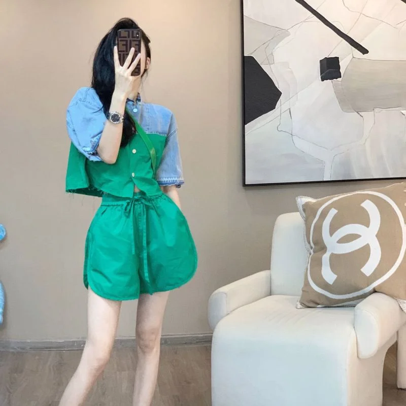 

Summer Splice Outfits Women's 2023 New Arrival Small Fragrance High Grade Explosive Street Leisure Sports Shorts Two Piece Set