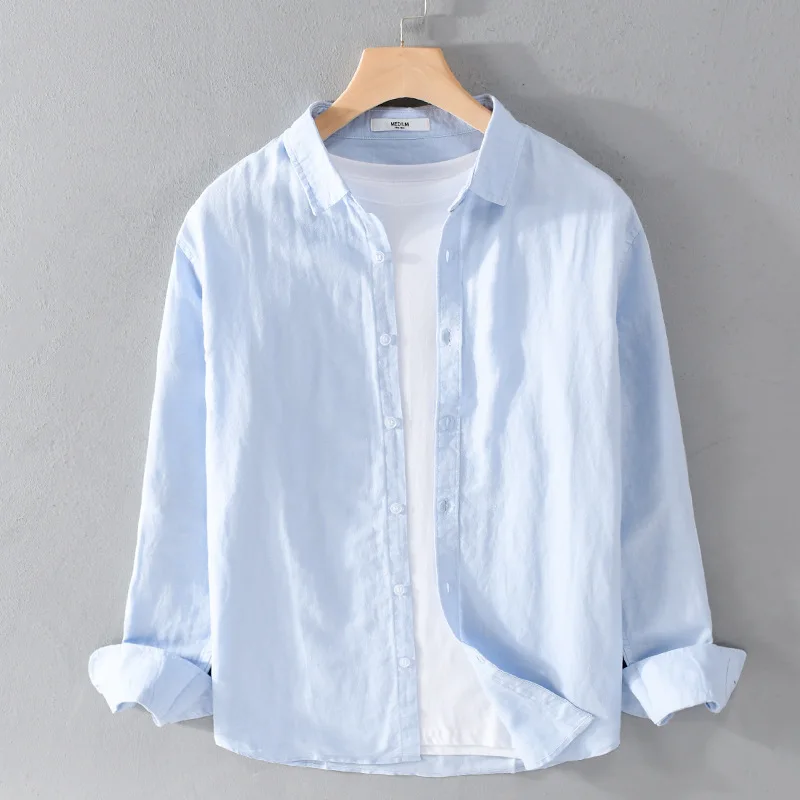 2023 Spring thin linen shirt men's long sleeves with Chinese style retro white cotton and linen