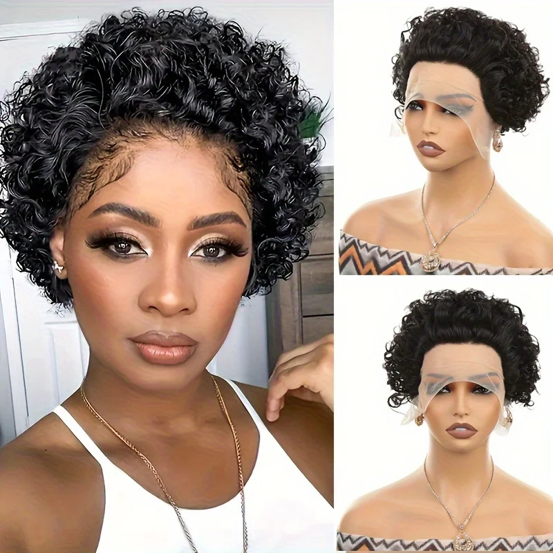 150% density short curly pixie cut remy hair wig 99j/black/1b27/350 color daily use wig for women 13&times;1 lace human hair