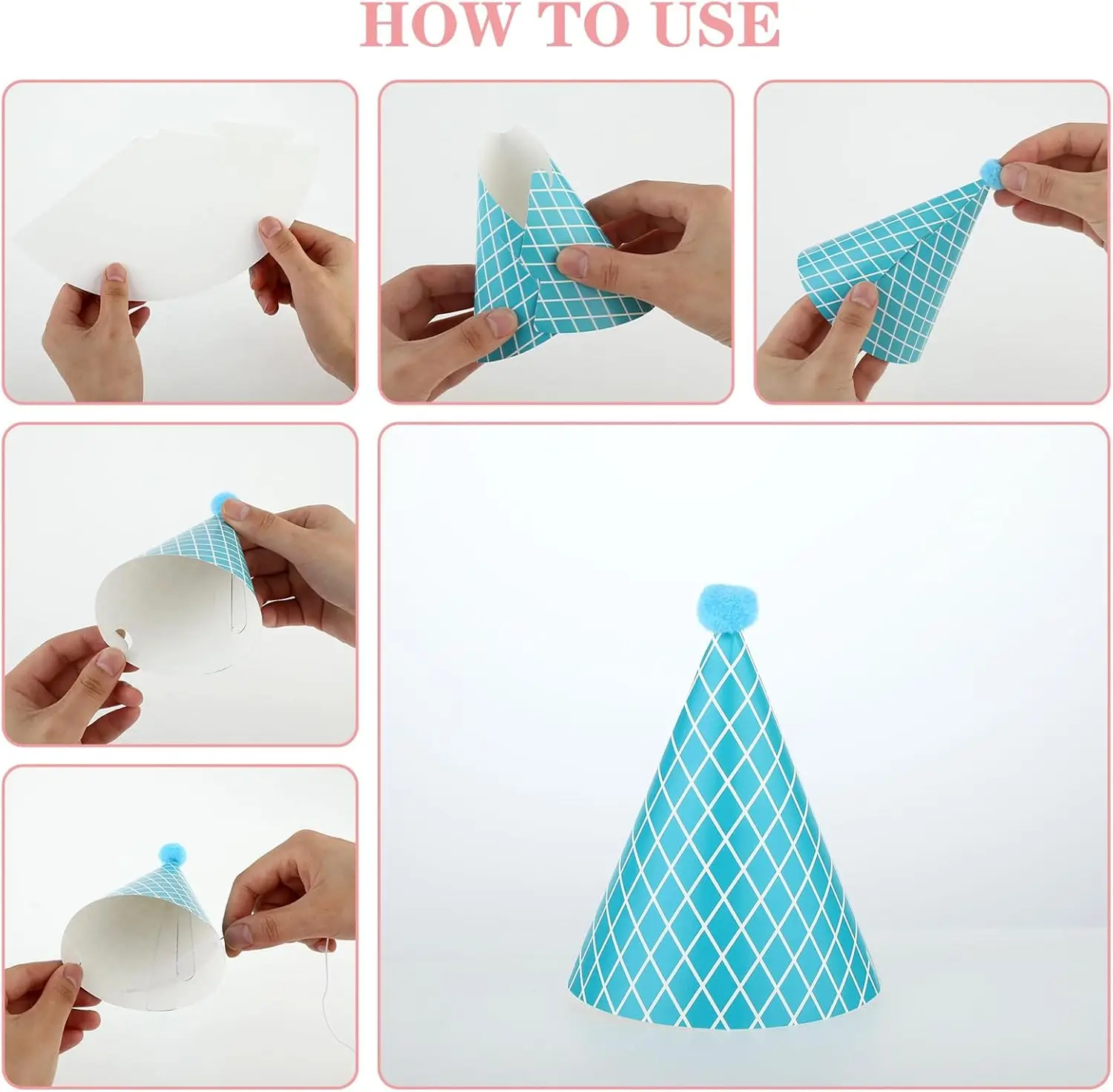 11 Pcs Birthday Party Hats,Party Hats Set Includes 9 Adorable Party Cone Hats with Pom Poms and 2 Paper Crowns Colorful Mini