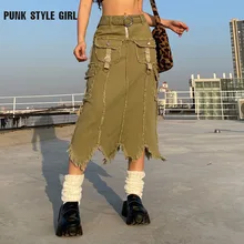 

Grunge Tassel Midi Skirts Y2k Bandage Irregular High Waist Pockets Jeans Skirts Women Retro Alt Fairycore Denim Skater E Girl