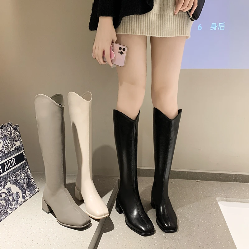 Square-toe Women Knee-length Boots Rear Zip Square Heel Mid-calf Boots New Knight Boots Black Shoes Plus Velvet Warm Women Boots