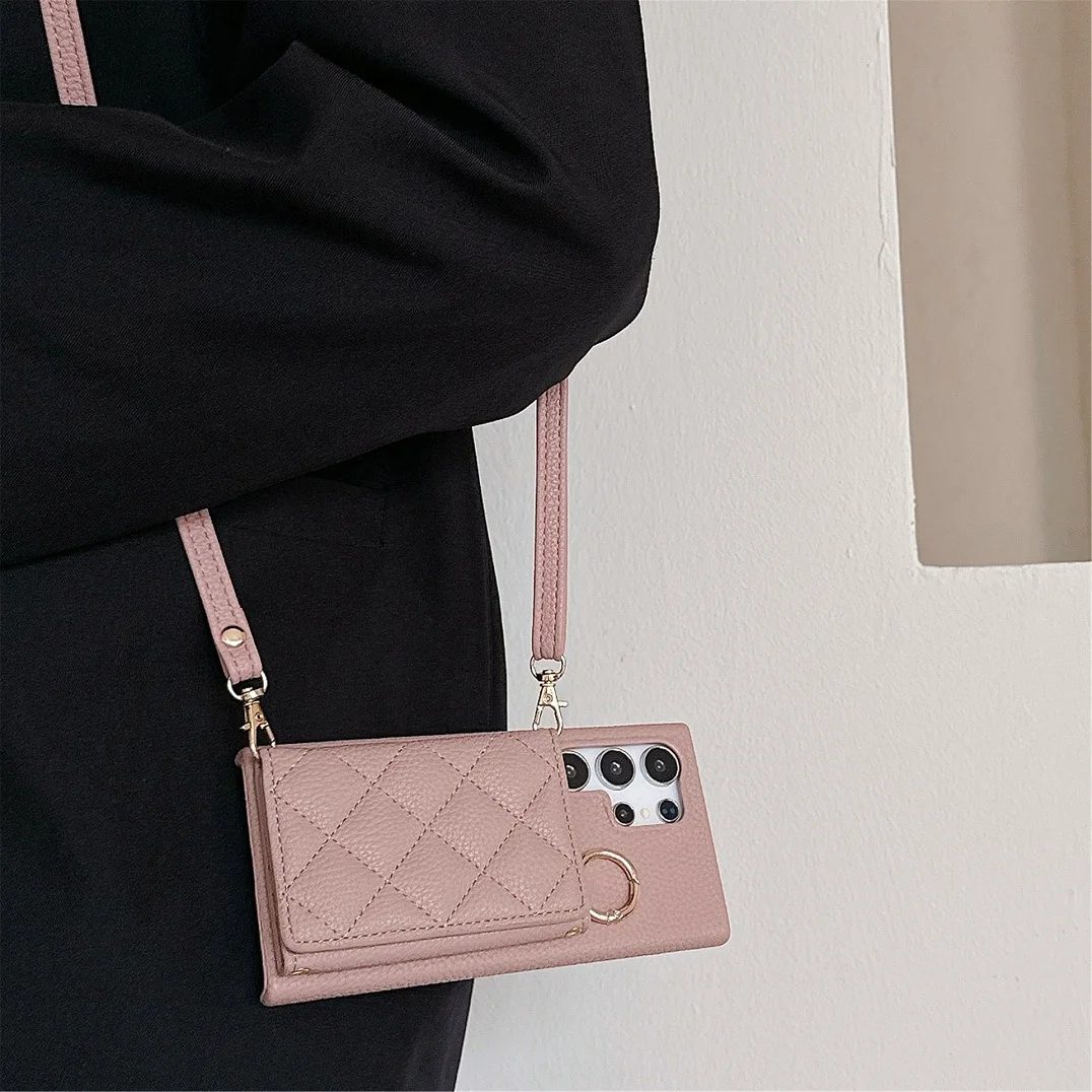 Luxury Crossbody 3D Grid Leather Card Slot Wallet Case with Mirror Makeup Cover