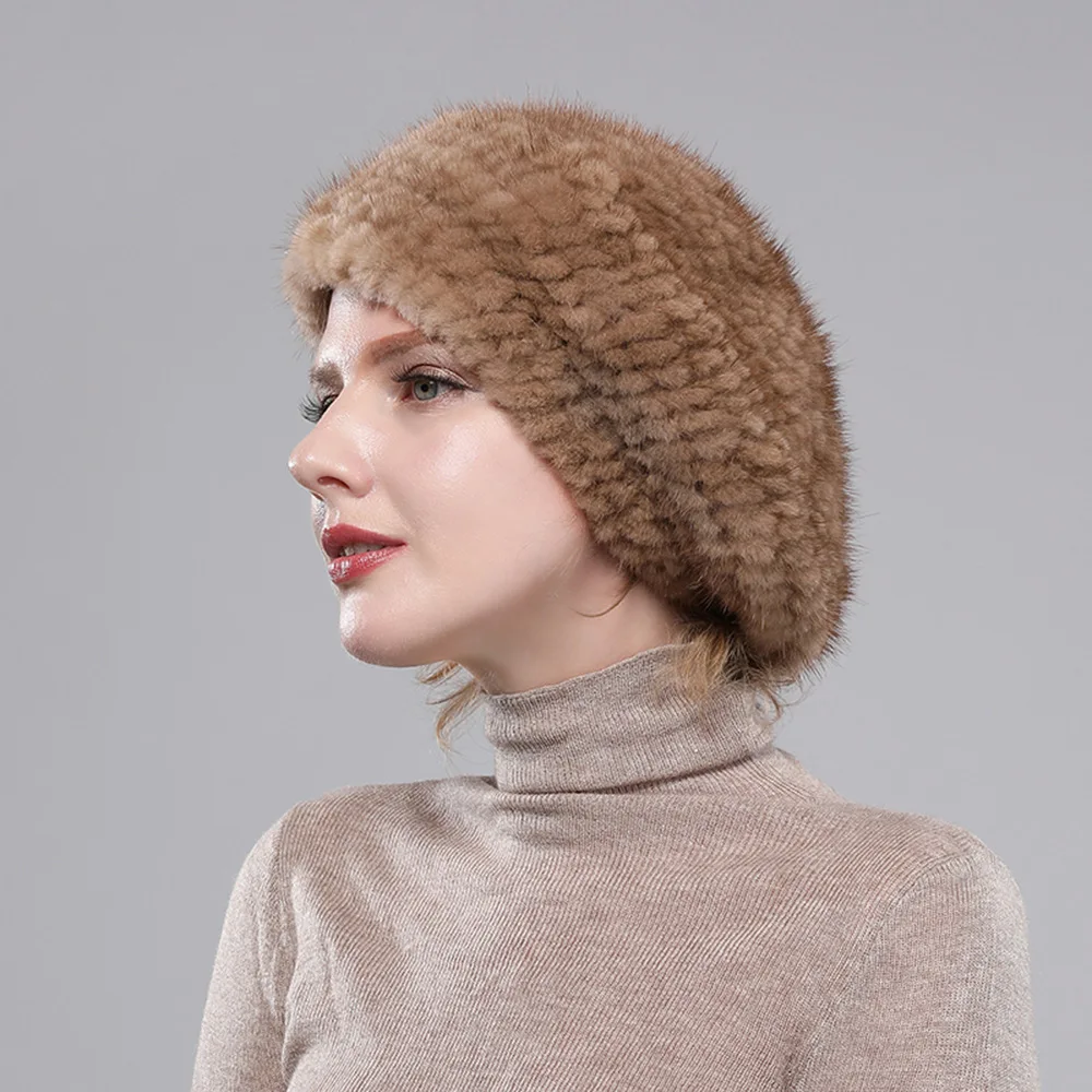 Real Mink Fur Berets Elegant Women's Winter Caps New Design Fashion Fur Hats Knitted Warm Natural Mink Beanies Hat