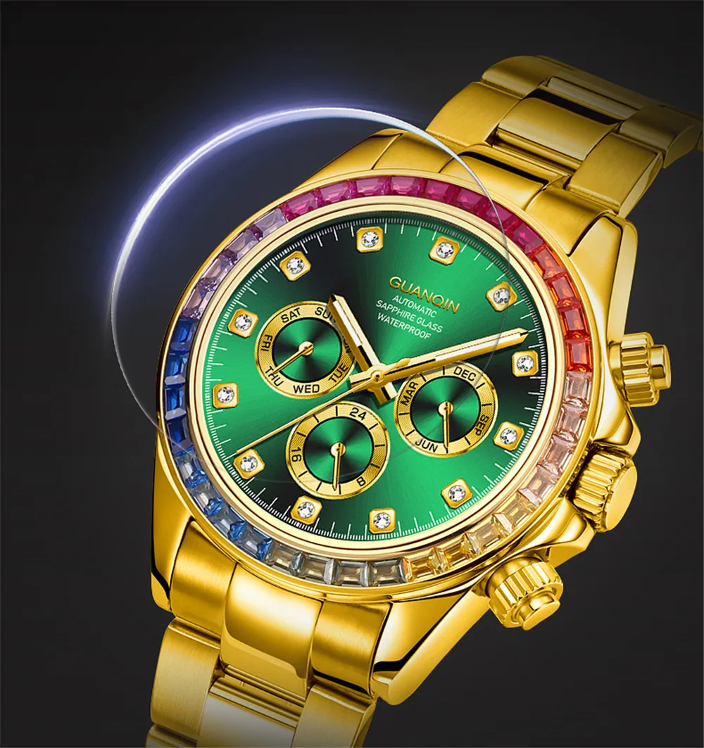 GUANQIN Week Maand Luxe Herenhorloge Waterdicht Automatisch Zelfopwindend Mechanisch Regenboog Diamant Cirkel Ontwerp Saffier Stalen Klok_voghion.com