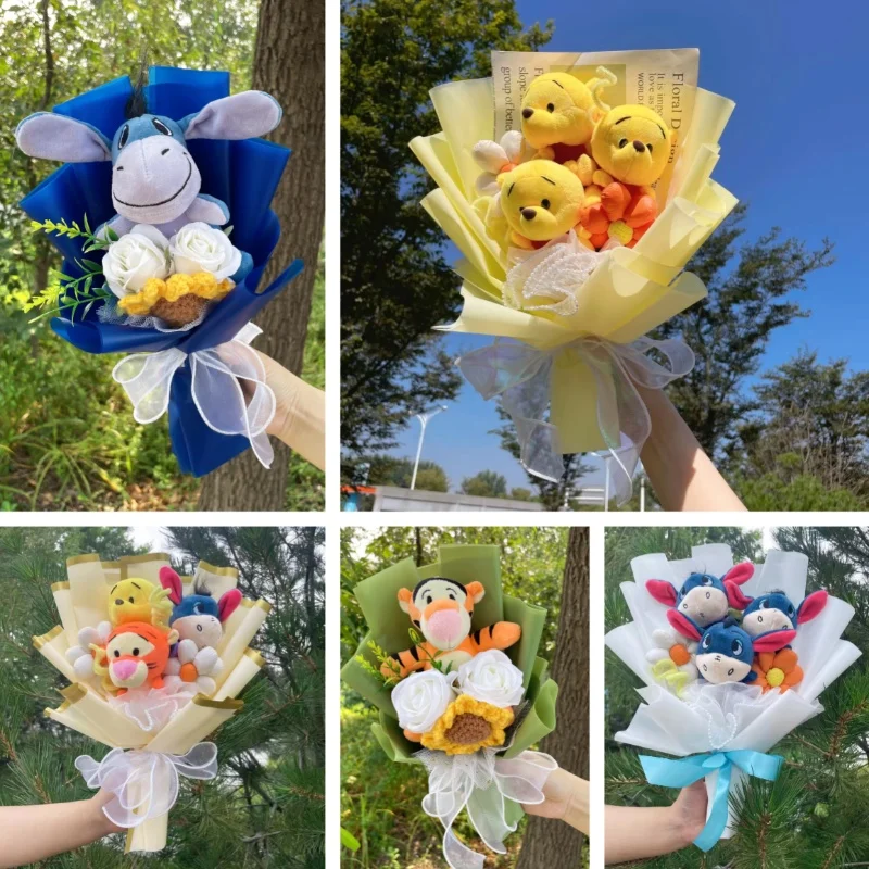 Cartoon Winnie the Pooh Plush Doll Toy Handmade Flower Bouquet Wedding Valentine's Day Christmas Graduation Gifts plush toy,plush doll toy,plush doll