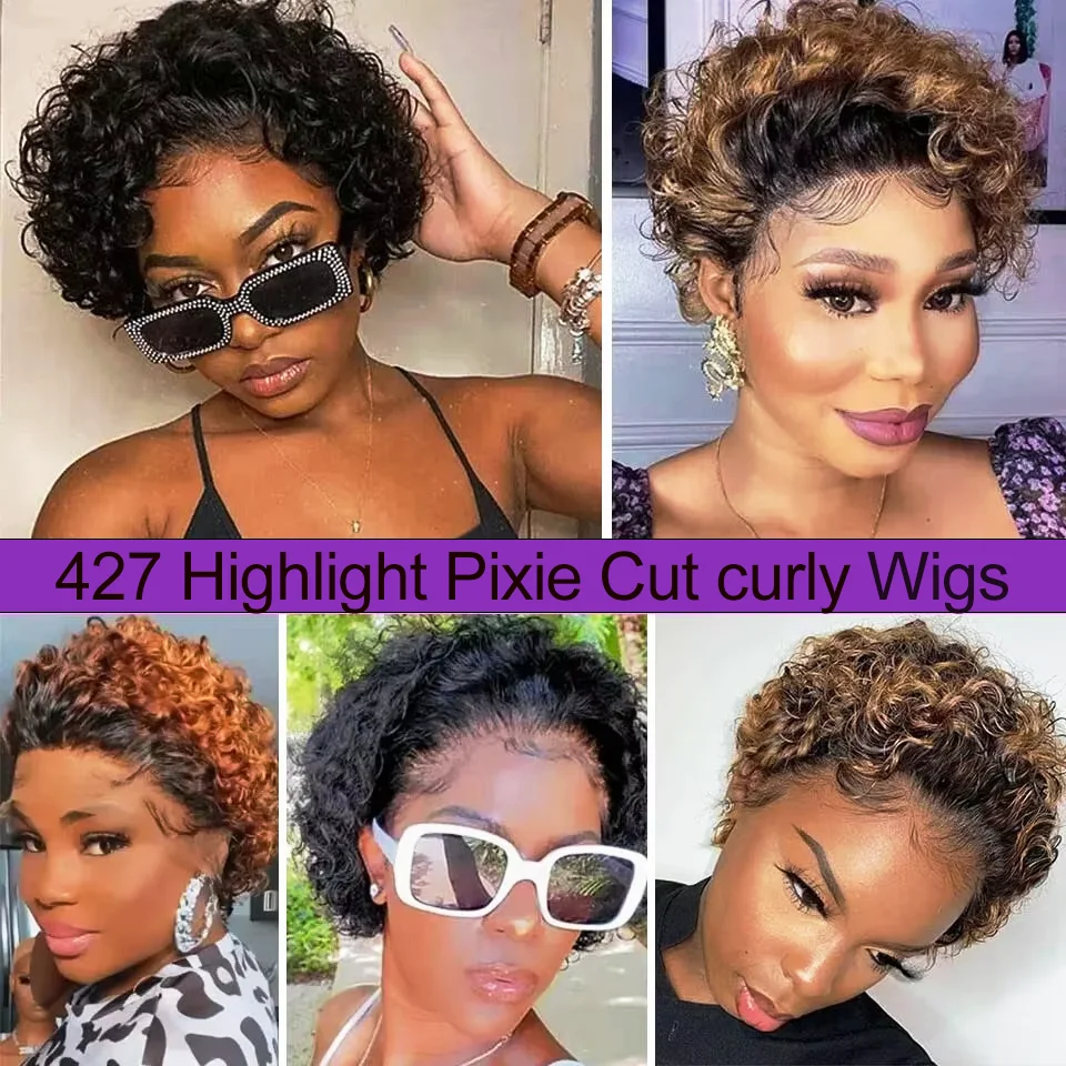 P427 Highlight Ombre Brown 13x1 Lace Front Pixie Cut Wigs 100% Human Hair Pre-Plucked Hairline Brazilian Virgin Hair Remy Hair