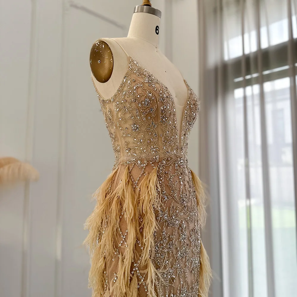 Sharon Said Luxury Beaded Mermaid Evening Dress with Feathers Spaghetti  Straps V Neck Formal Party Gowns SS374 Customized - AliExpress 320