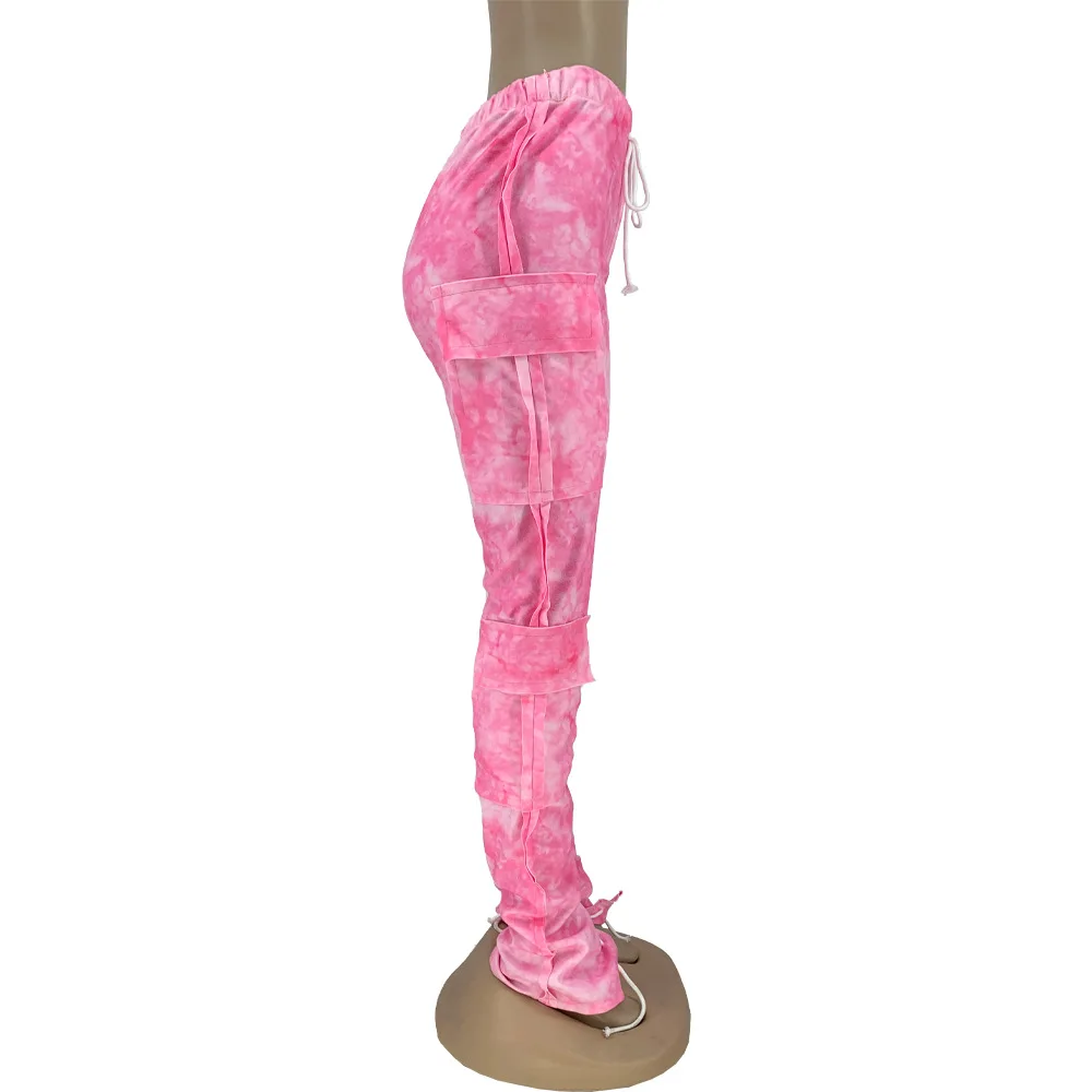 Female Multi-Pocket Cargo Pants Fall Winter Tie Dye Fashionable Streetwear Wide Leg Trousers For Women