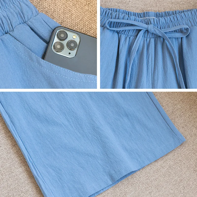 2024 New women Pants Wide Leg Elastic Waist Cotton Loose style Female Trousers Spring Summer Women Calf-Length Pants