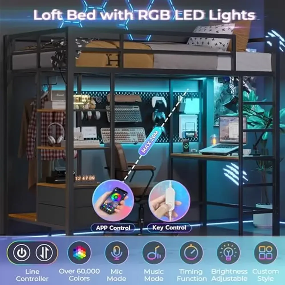 Twin Loft Bed Desk LED Lights Charging Station Storage Shelves Drawers Metal Frame Guardrails Safety Bed