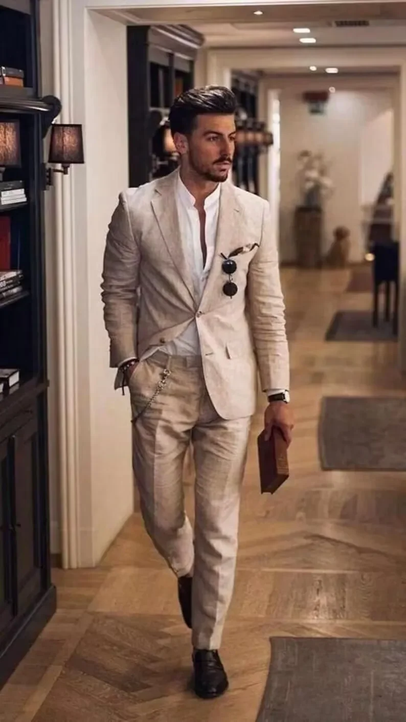 Men's Beige Linen 2 Pieces Suit Slim Fit Dinner Wedding Groom Tuxedo Jacket & Trousers Casual Notch Lapel Blazer for Party Prom