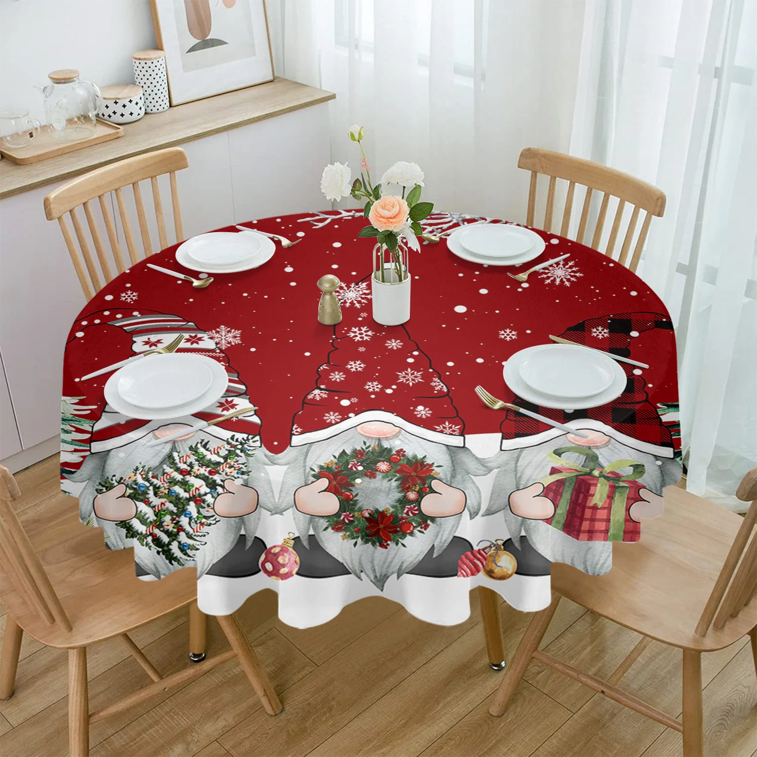 

Christmas Snow Scene Snowflakes Gnome Round Tablecloth Waterproof Wedding Party Table Cover Xmas Dining Table Tablecloth