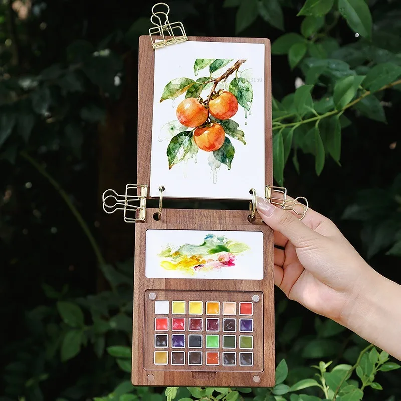 24 그리드 여행용 휴대용 루즈리프 수채화 세트 솔리드 패킹 박스 소형 아트보드 미술용품 스케치 페인팅 팔레트