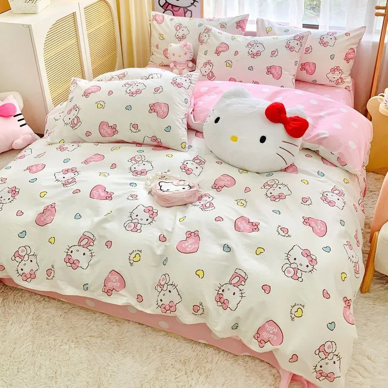 

Miniso Sanrio Hello Kittys Bedding Quilt Four Piece Set Cute Cartoon Cover Sheet Student Dormitory Three Piece Set Girl Gifts