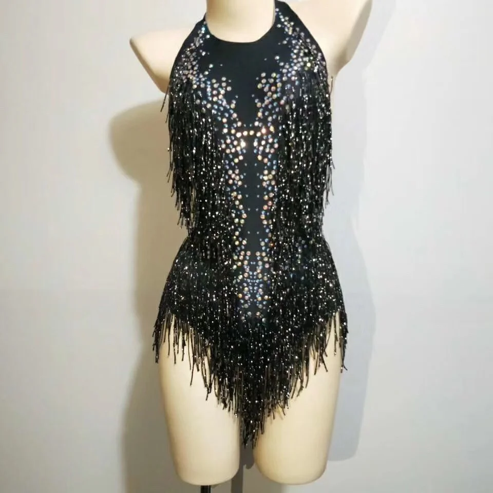 

Drag Queen Bodysuit Women Outfit Black Gold Fringe Rhinestone Body Suit Dancer Leotard Backless Latin Cha Stage Wear