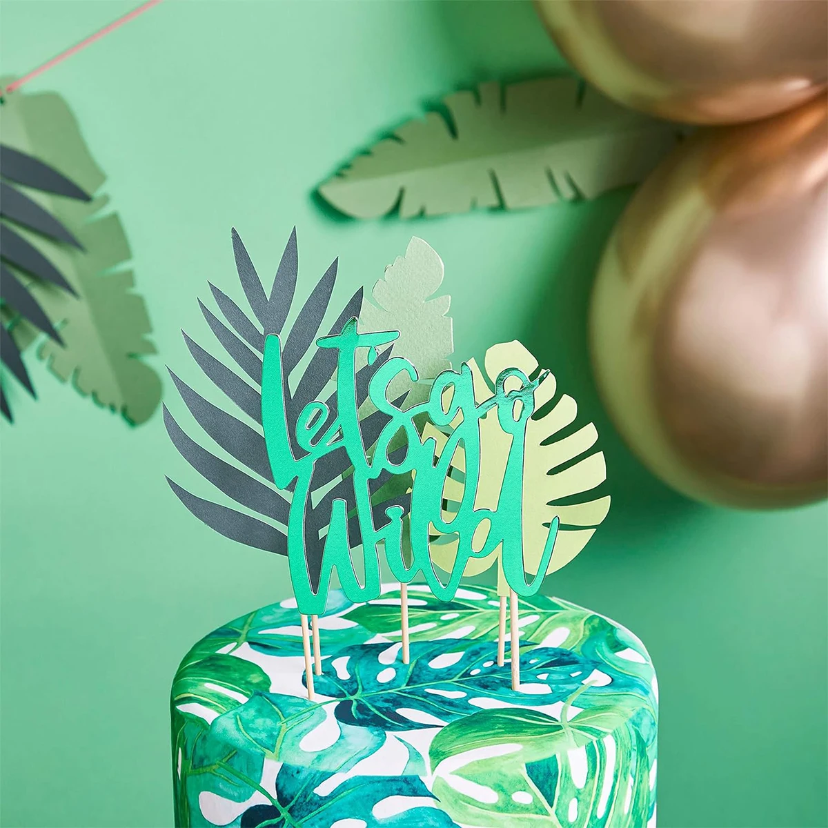 Ein Set mit 7 glitzernden tropischen Blättern, Tortenaufsatz, tropische Hochzeitstorte, Dekoration, Grün, Palmblatt-Kuchenaufsatz – Detail 5