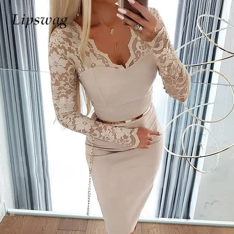 

Women Fashion Lace Long Sleeve Splicing Dress Elegant V Neck Slim Fit Midi Dress Autumn Ladies Hip Wrap Formal Occasion Dresses