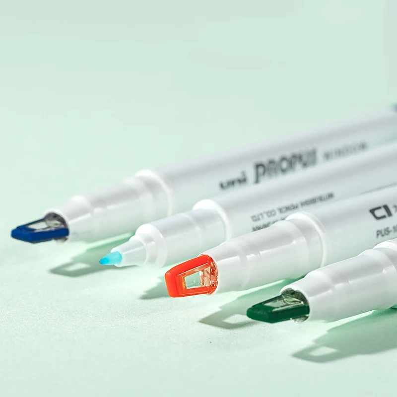 UNI 문구 하이라이터 펜 마커 펜, 포스카 투시 창 5 색 세트, 양면 펜 리필 두께 0.4mm, 4 mm