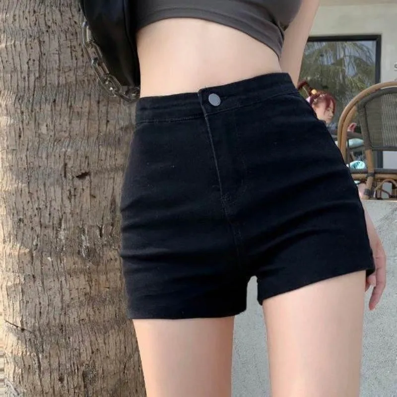Summer New High Waisted Black Slim Spicy Girl A-line Denim Shorts Women Button Zippered Pocket Elasticity Sexy Buttocks Shorts