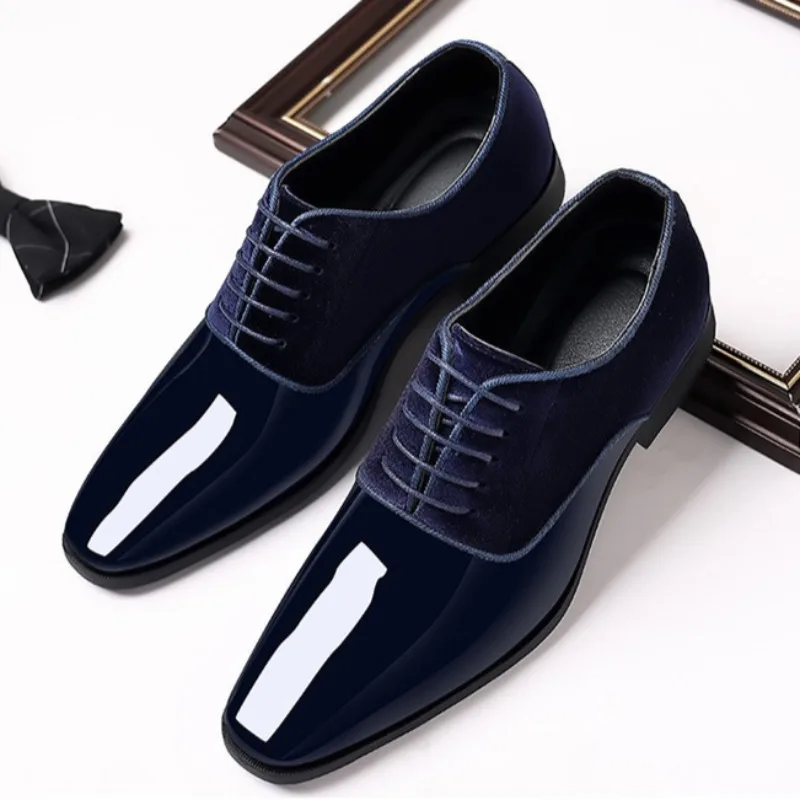 Men Leather Formal Shoes Spring Patent Leather Shiny Toe Business Men Designer Heightening Blue Shoes