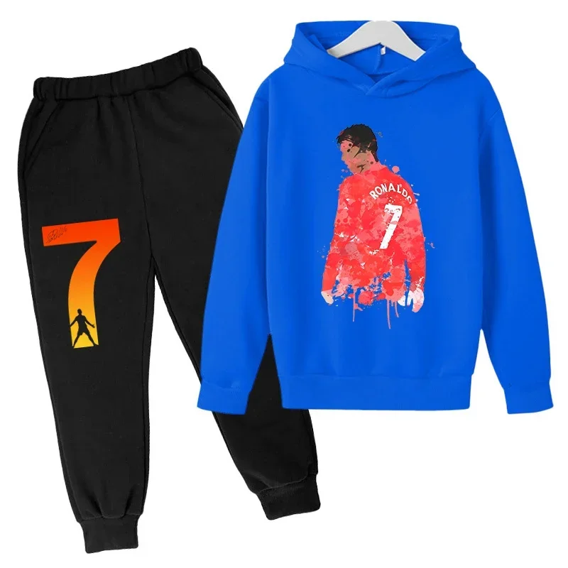 thumbnail image 1 of Conjunto de sudadera con capucha de primavera de Ronaldo, conjunto de 2 piezas de sudadera y pantalones azules informales para niños, ropa deportiva informal, chándal para niños, 1 of 5