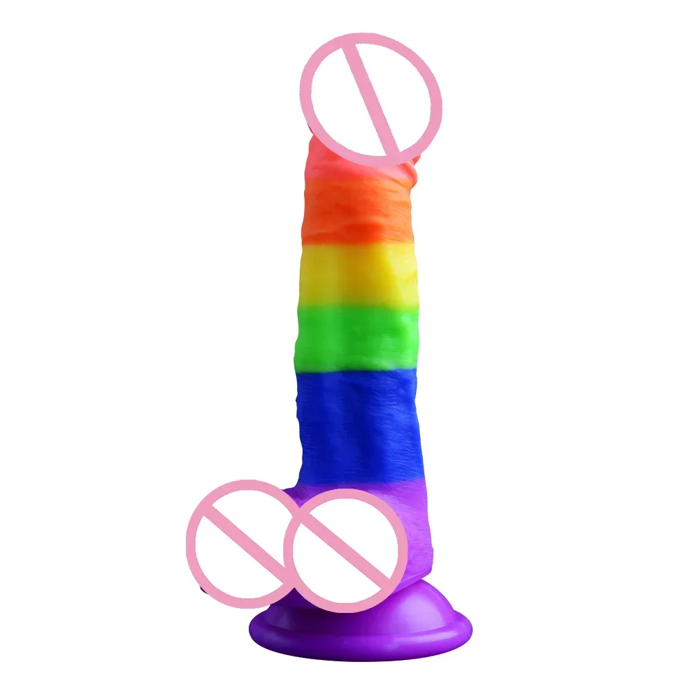 Simulation Dildo Rainbow Color Realistic Oversized Female Masturbator Vibrator Wearable Gun Machine Silicone Big Cock Adult Toys