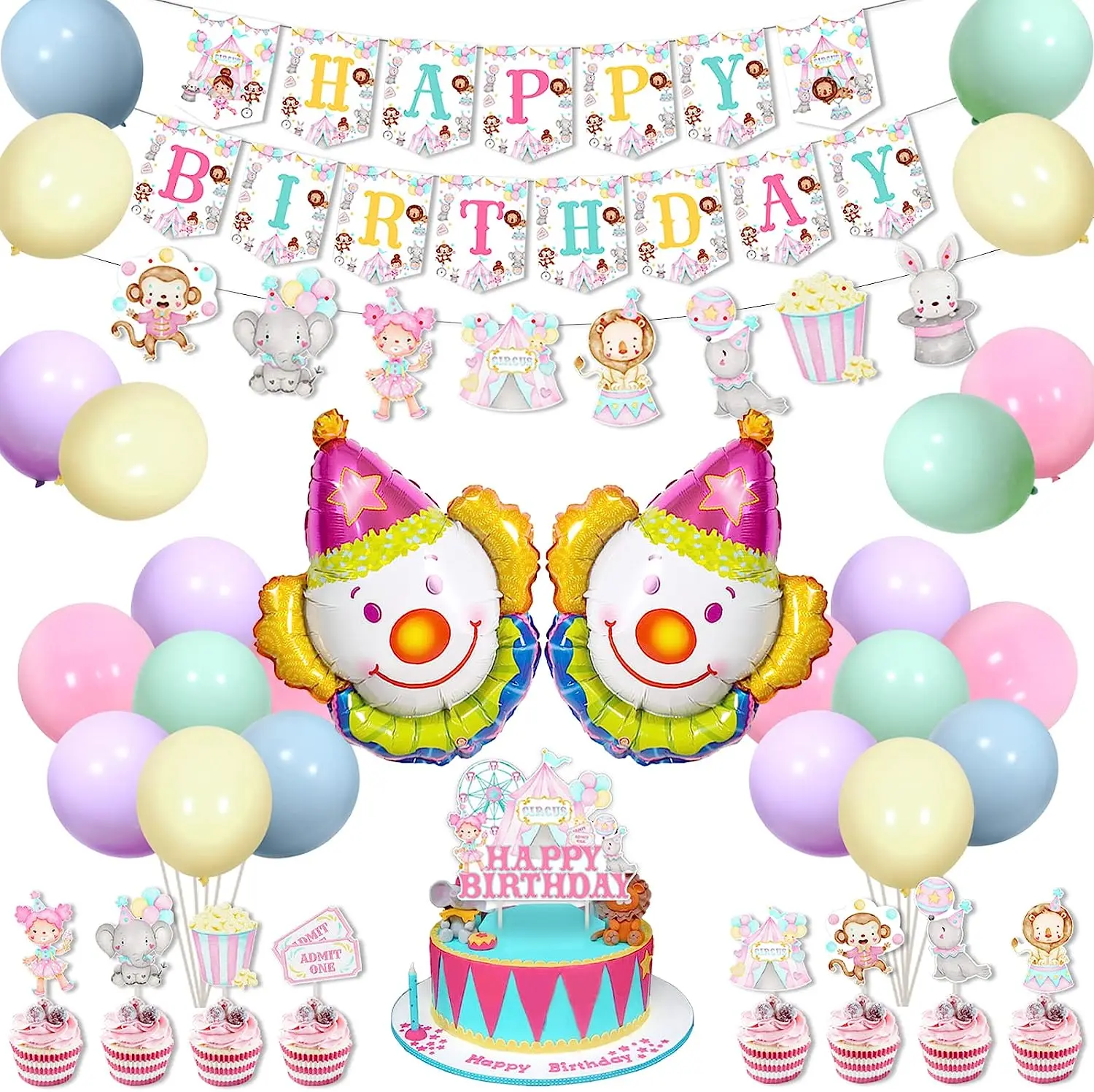 

Pink Circus Theme Birthday Party Decorations, Pastel Macaron, Happy Birthday Banner, Cake Topper, Clown Balloons, Party Supplies