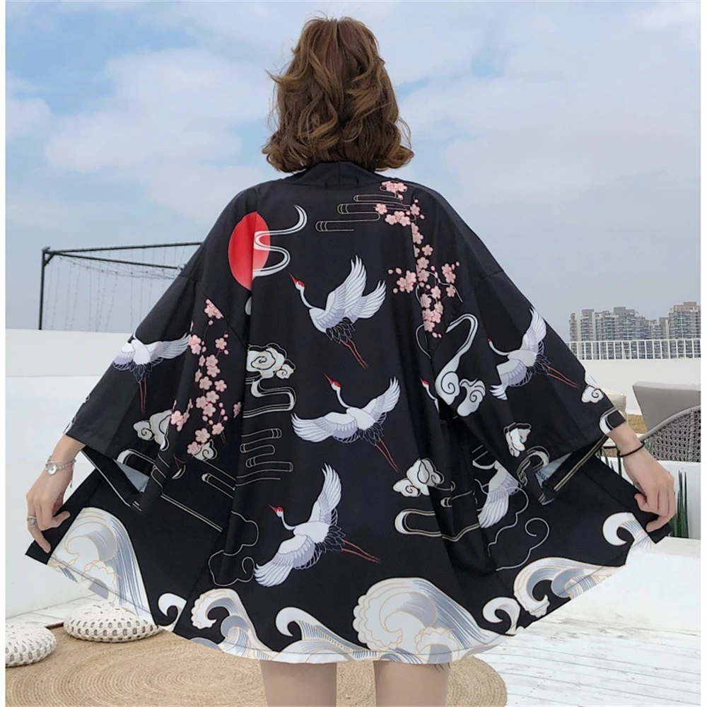 

Streetwear Harajuku Black Crane Print Kimono Cosplay Japanese Women Sunscreen Cardigan Blouse Top Haori Obi Asian Clothes