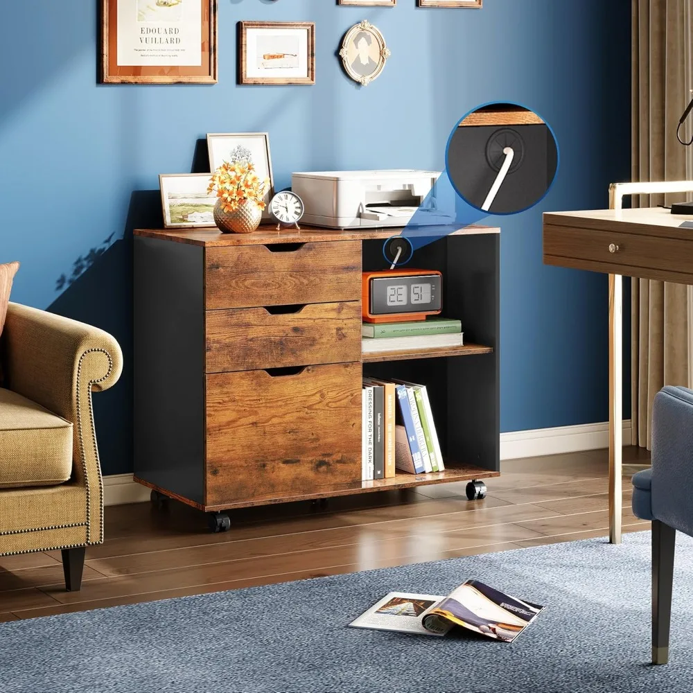 3-drawer wood file cabinet, mobile lateral filing cabinet, printer stand with open storage shelves for home office, rustic brow