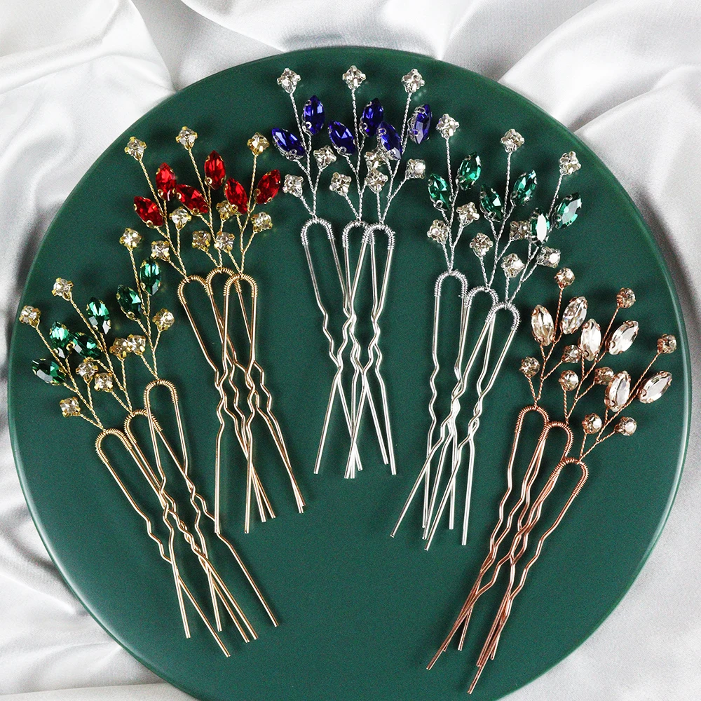 Wedding Hair Accessories Hair Pin for Women Head Jewelry Bridal Headwear Prom Bride Headwear Green Handmade 3PCS Red Rhinestone